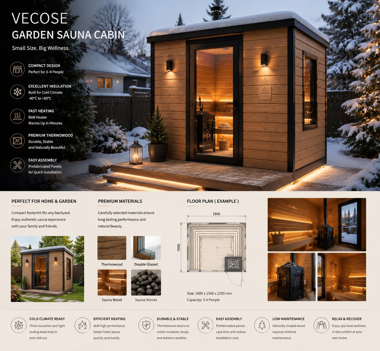 VECOSE garden sauna cabin glowing in a winter backyard