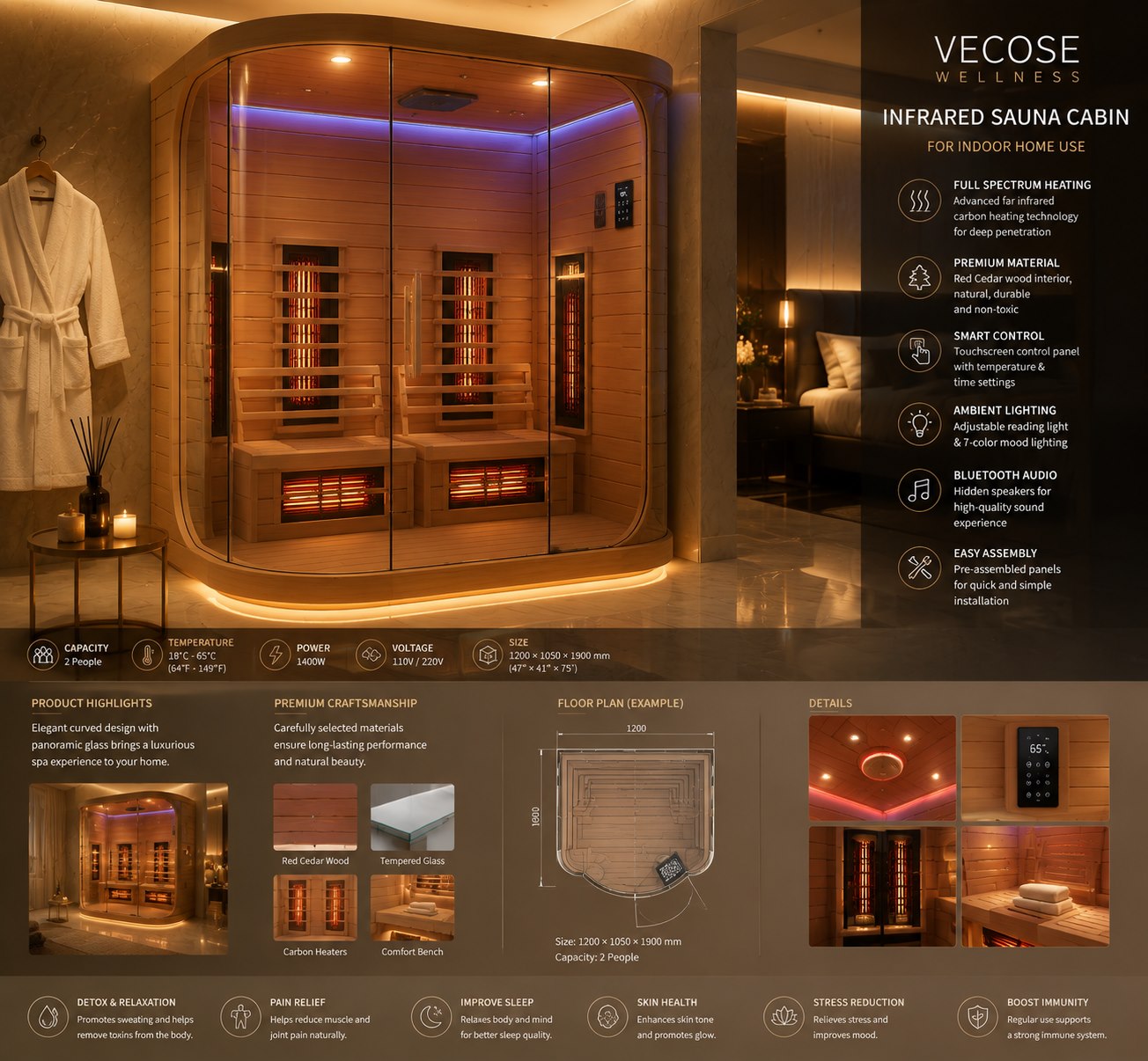 Curved VECOSE infrared sauna designed for shared home wellness