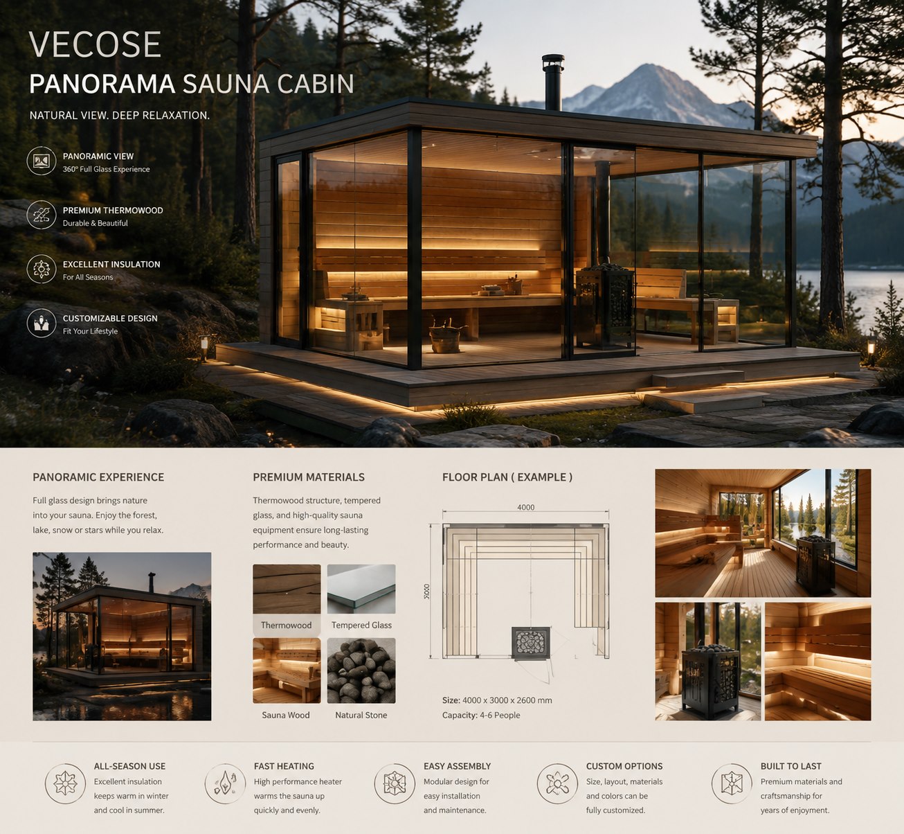 Panoramic VECOSE outdoor sauna cabin beside a forest lake