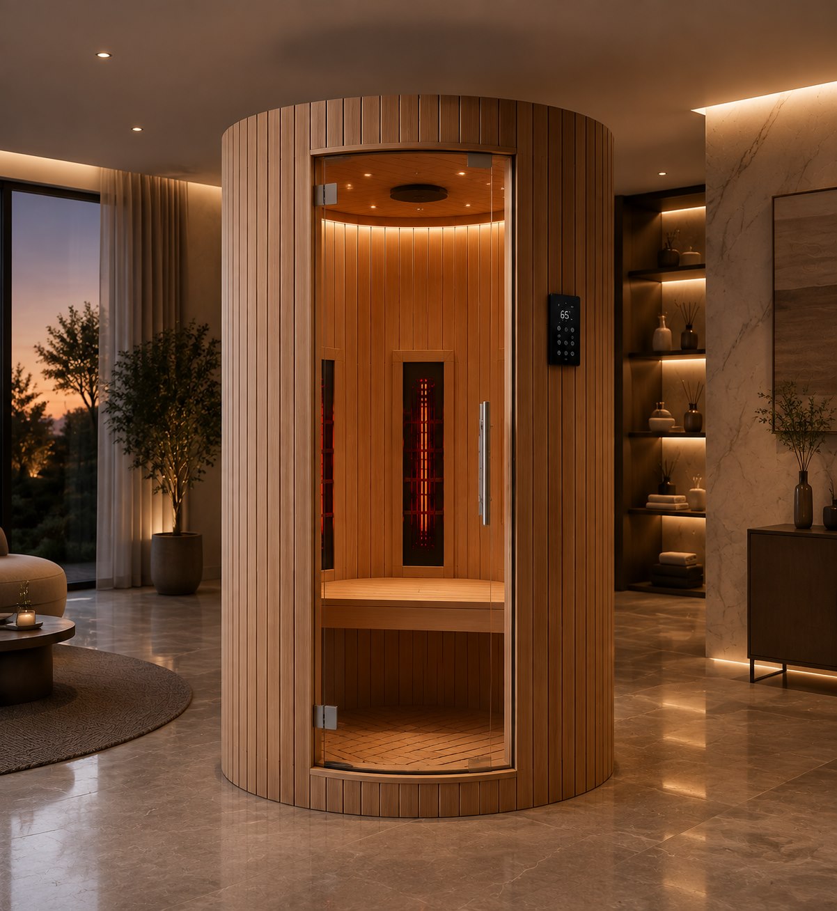 Compact round VECOSE infrared sauna in a warm modern home