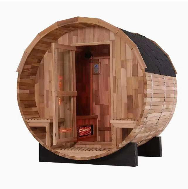 Outdoor barrel infrared sauna with porch seating