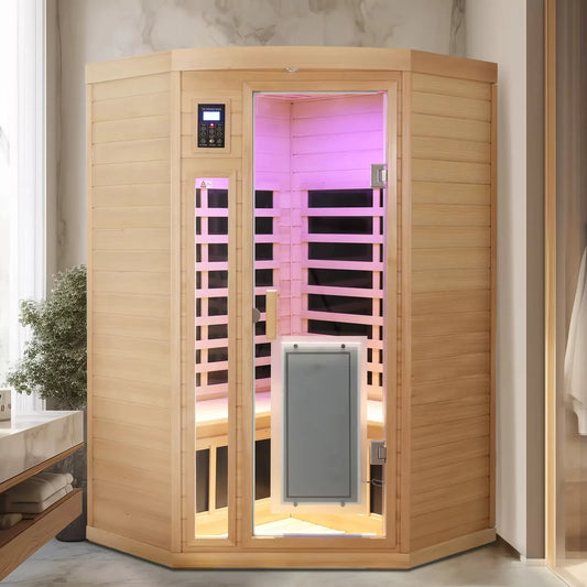 Pentagonal corner infrared sauna in a home interior