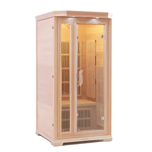 VECOSE Solo one-person wooden infrared sauna three-quarter view
