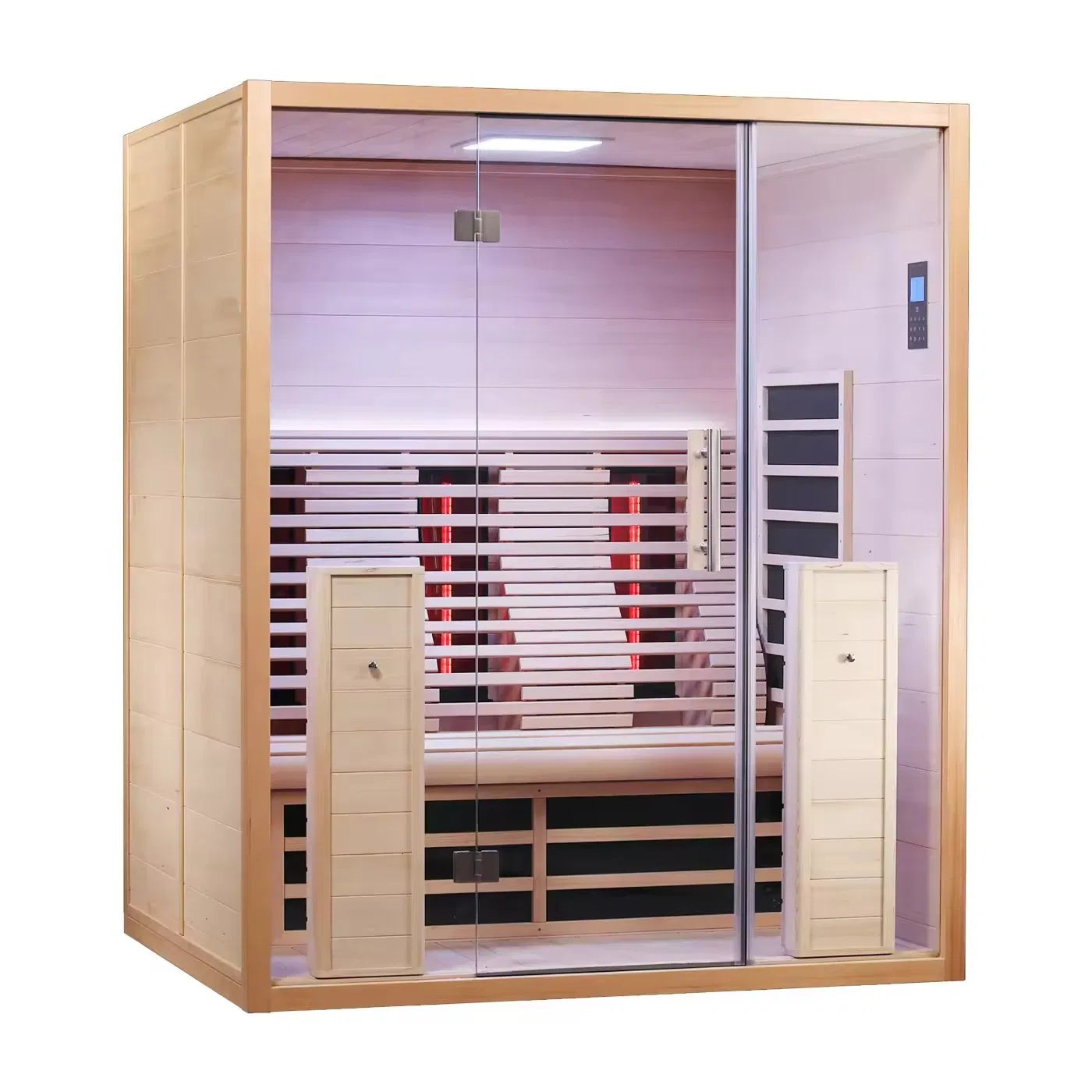 Three-person full glass infrared sauna three-quarter view