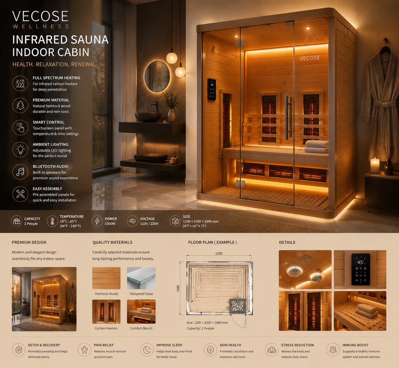 Two-person VECOSE infrared sauna in a refined home spa setting