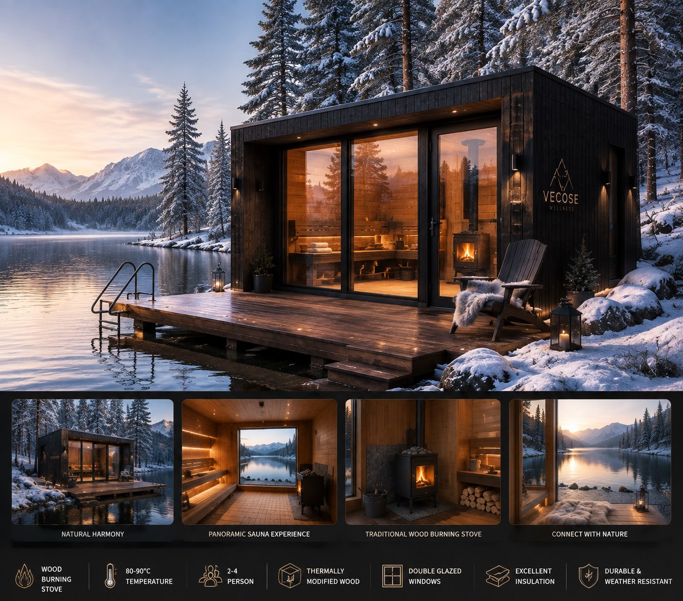 VECOSE outdoor sauna concept beside a frozen mountain lake